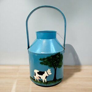 Blue Hand painted Metal Canister Planter Cow Tree with Handle 13 in Farmhouse